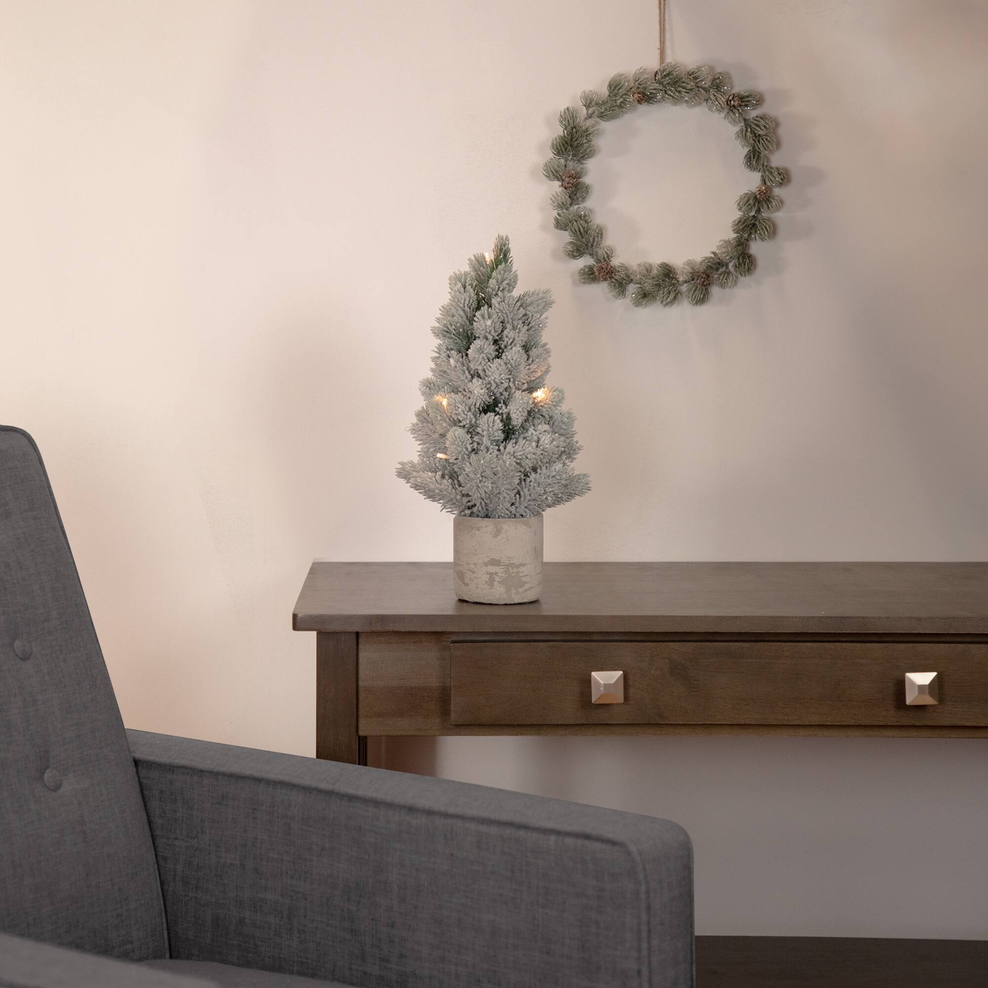 16" Pre-Lit Mini Frosted Pine Christmas Tree in Cement Base